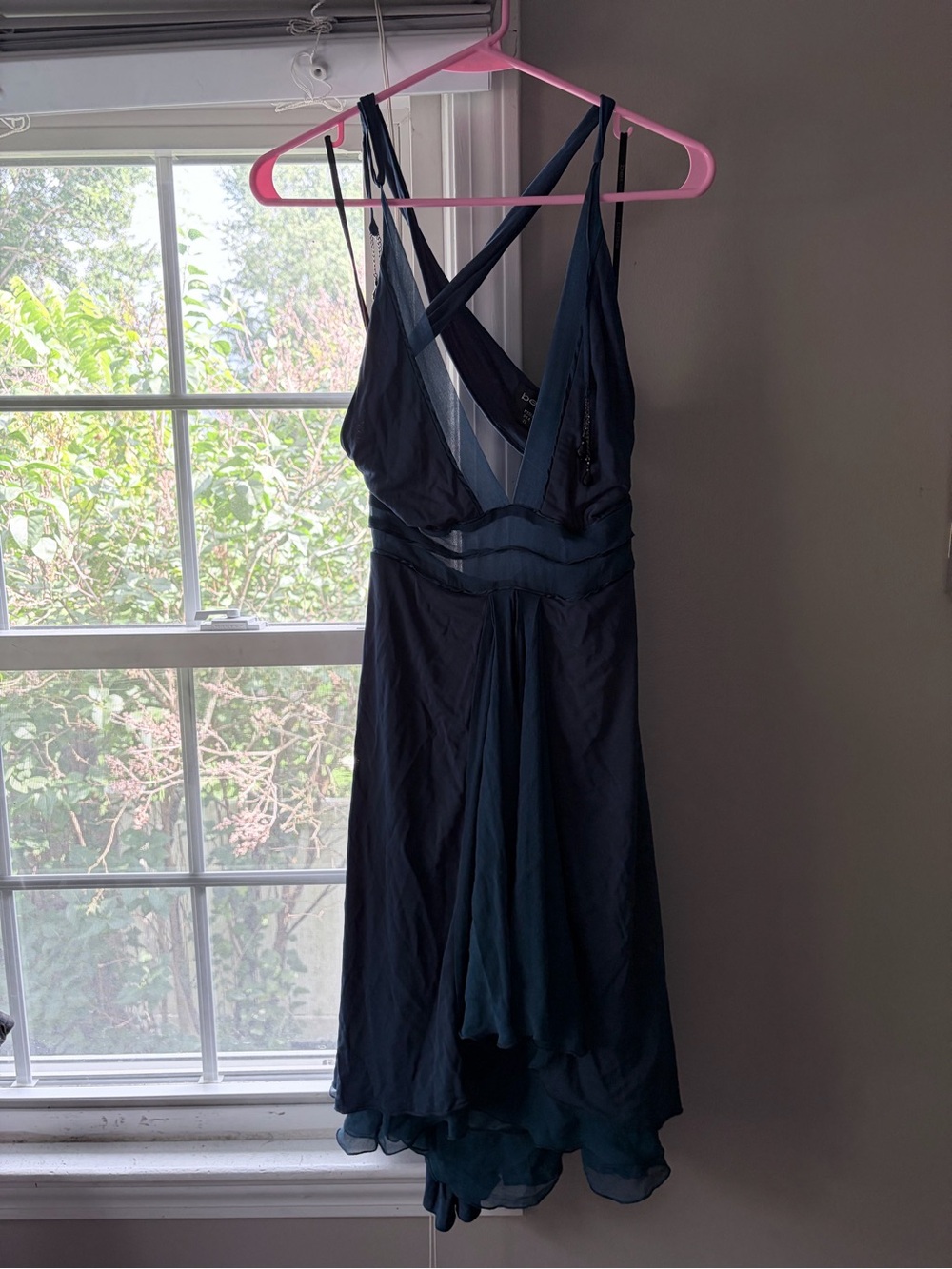 bebe Teal Chiffon V‑Neck Dress